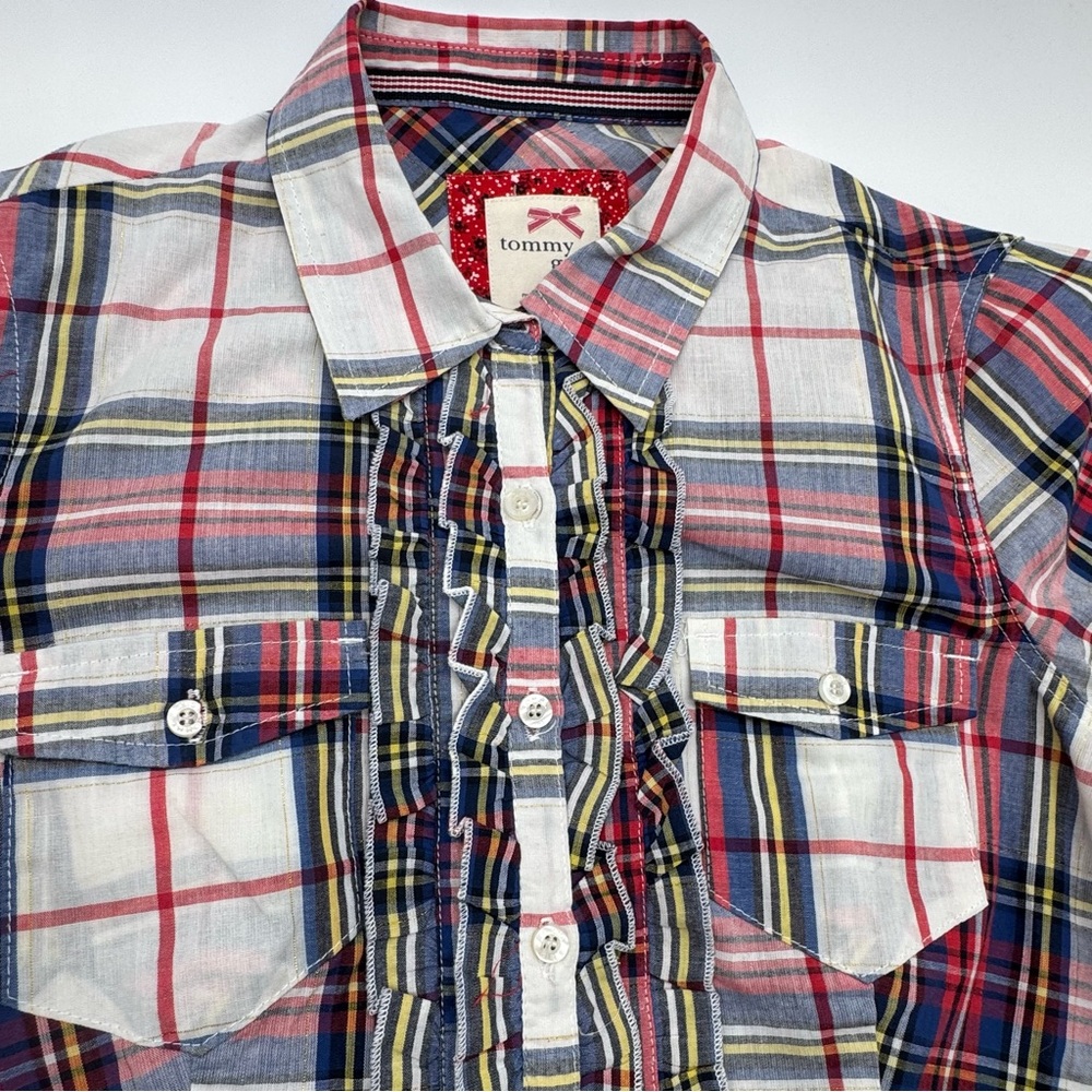Tommy Girl Red/Blue/White/Gold Thread Ruffle Long Sleeve Button Down Blouse, Med